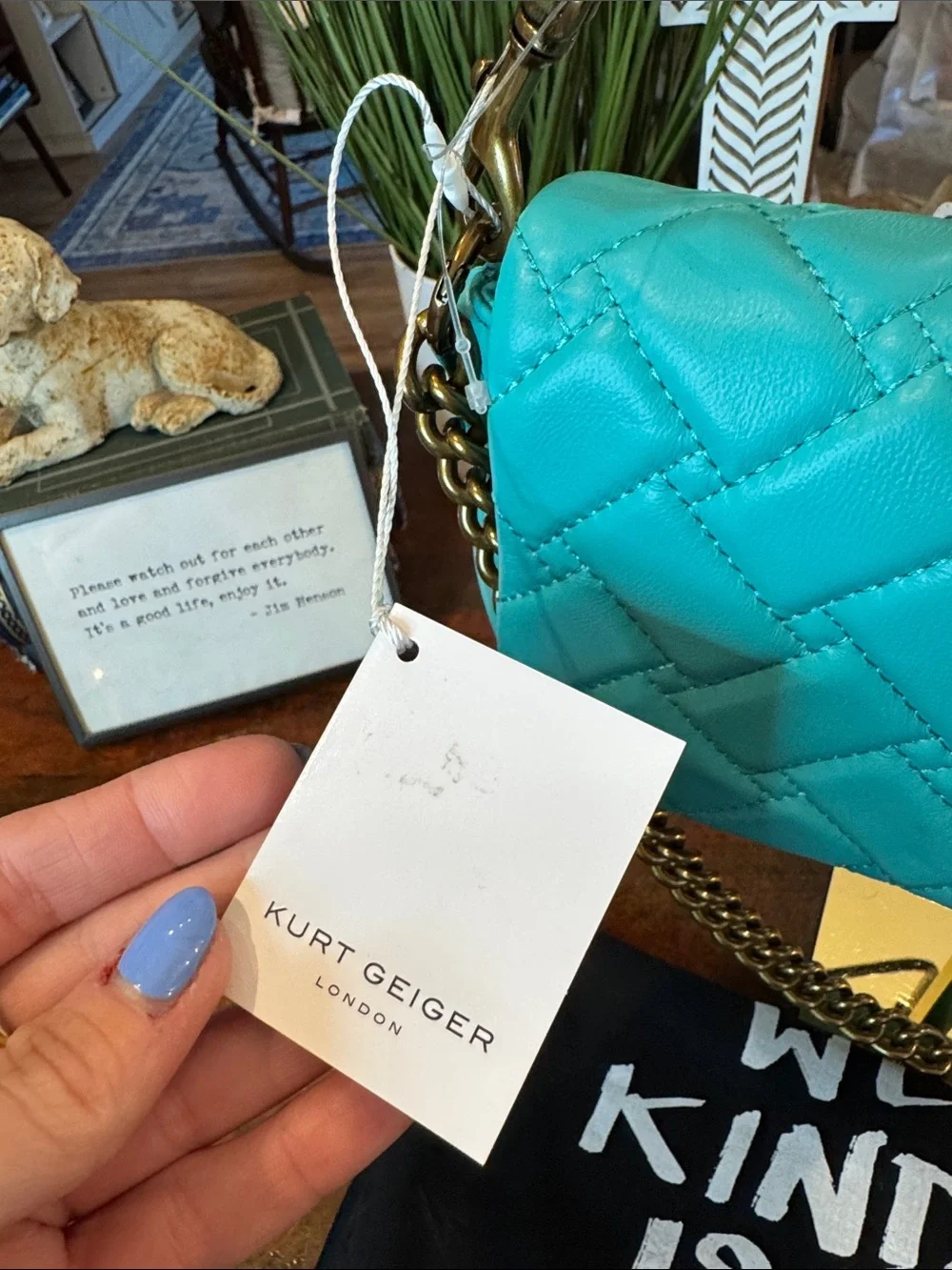Kurt Geiger Turquoise Quilted Shoulder Bag with Gold Chain